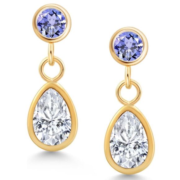 14K Yellow Gold with 1.10 Cttw White Moissanite and Blue Tanzanite Post Earrings
